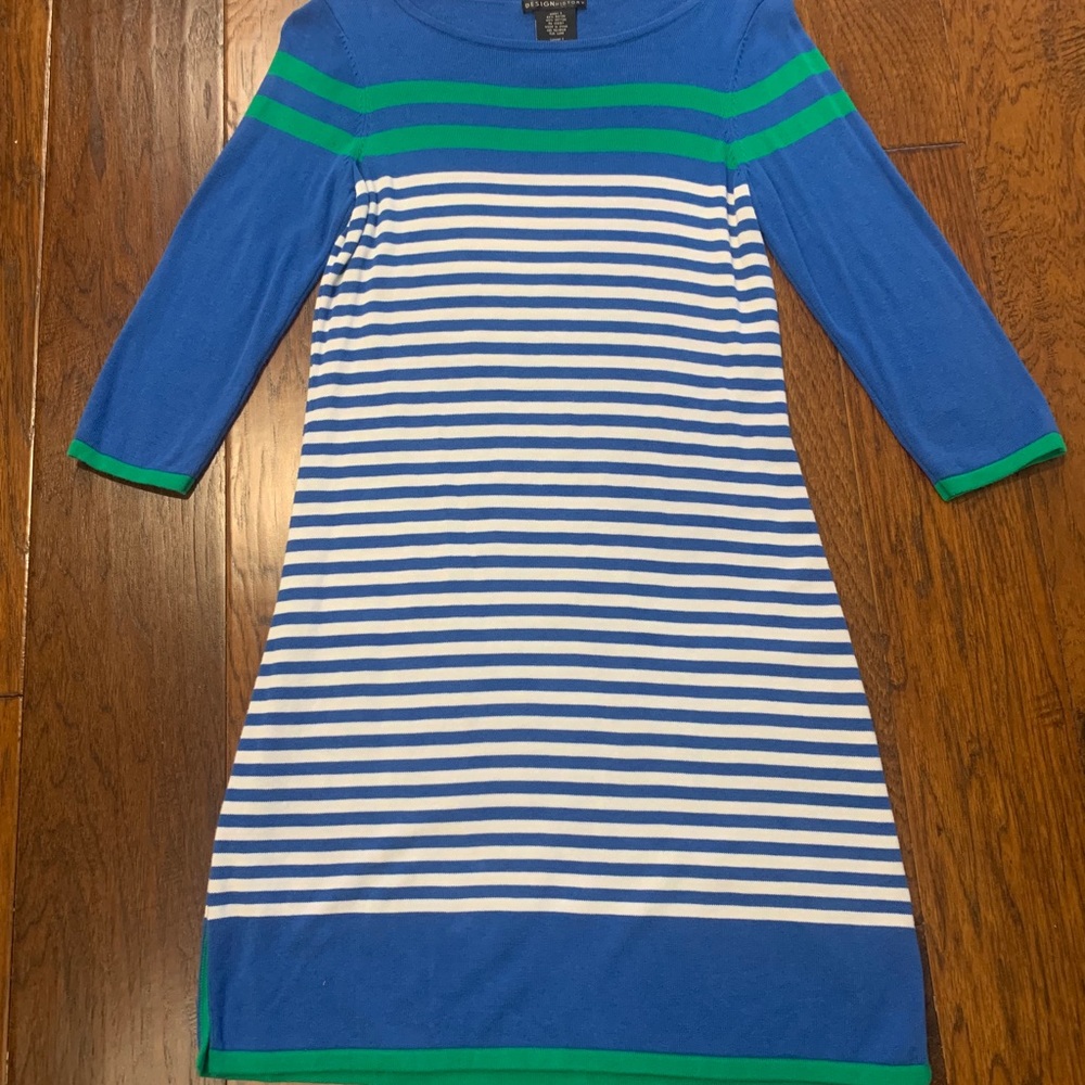 Design History Sweater Dress 3/4 sleeve Small Blue/Green/White Stripe